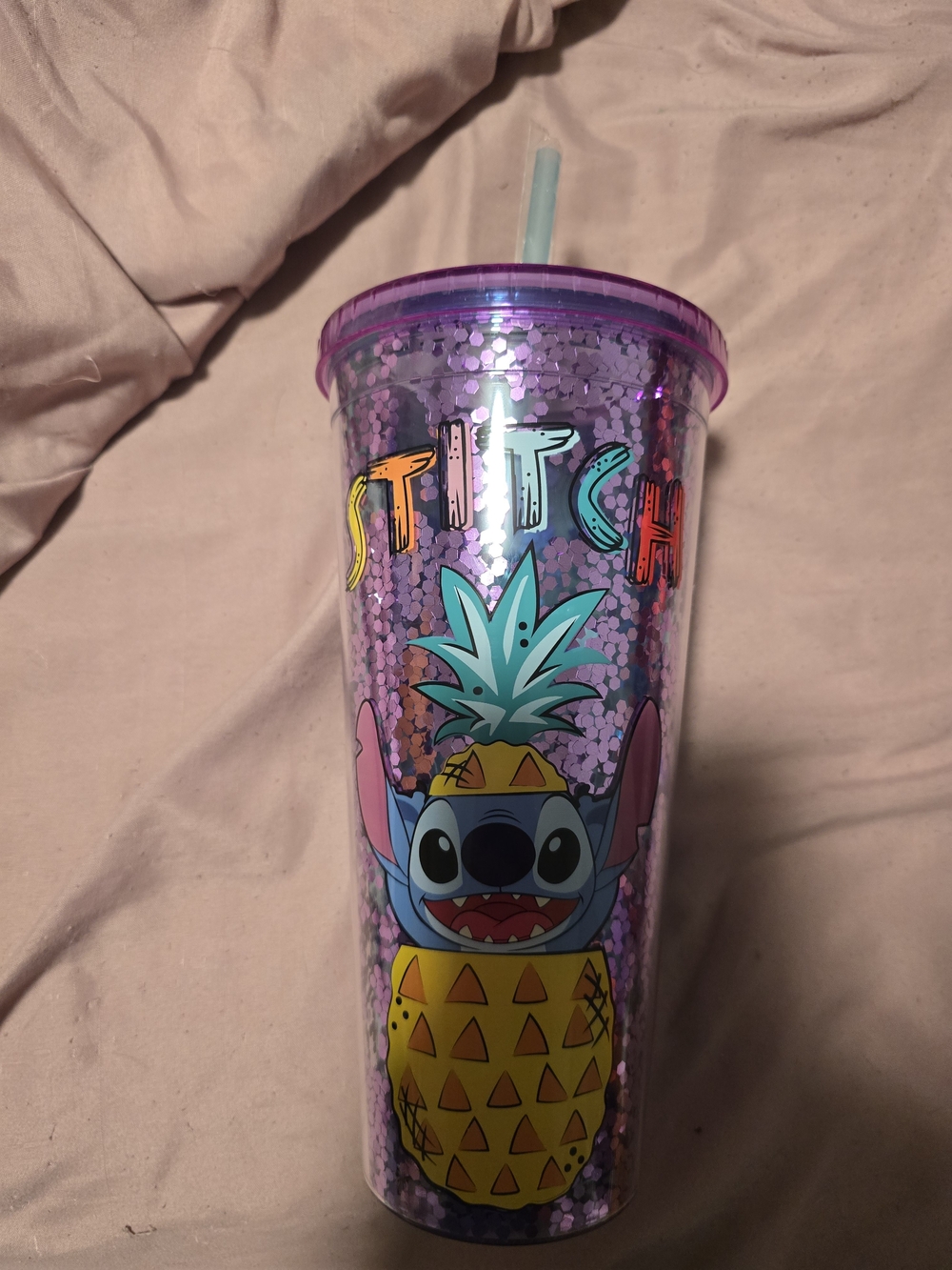 Stitch Pineapple Glitter Tumbler with Straw